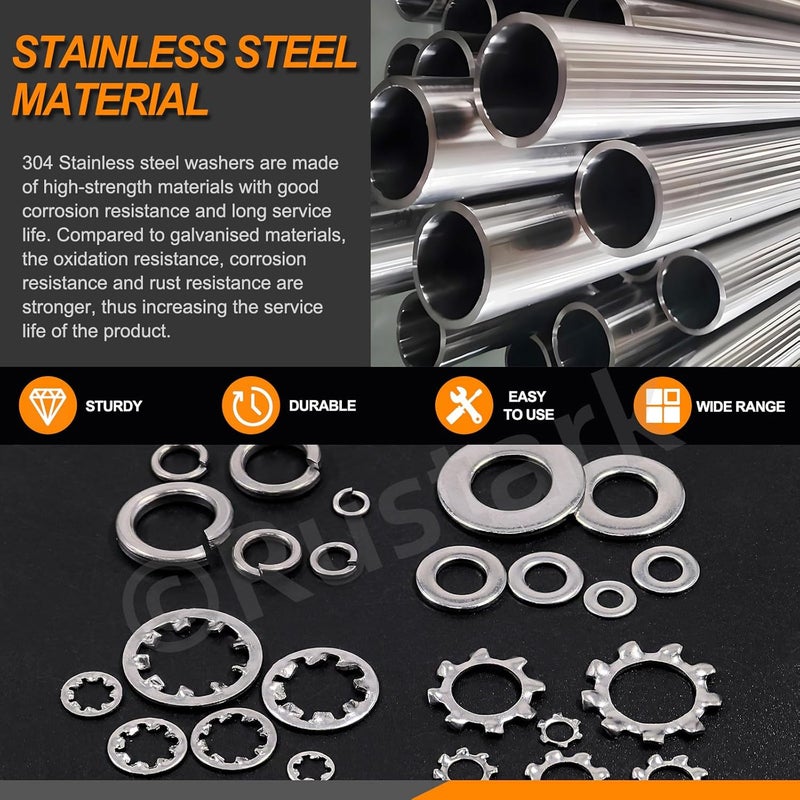 Rustark 400Pcs 6 Sizes 304 Stainless Steel SAE External & Internal Star Washers & Split Lock Washers & Flat Washer Assortment Kit Spring Lock Washer for Home Industry Construction - Image 3